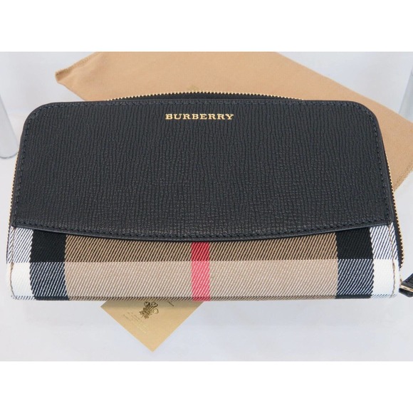 BURBERRY ELMORE BLACK HOUSE CHECK DERBY LEATHER ZIP AROUND LOGO CLUTCH WALLET - Picture 5 of 10